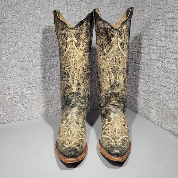 Corral Circle G Women's Size 7W US Black Crackle/Bone Embroidery Boots L5048 - Picture 2 of 11